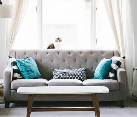 Modern living room with gray sofa, teal pillows, and white coffee table