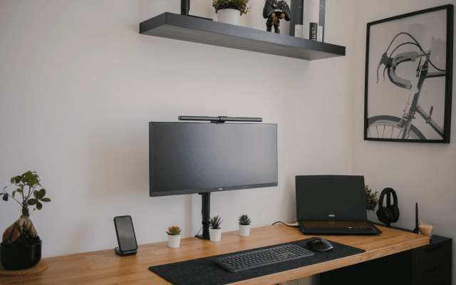 Modern home office setup with monitor and desk